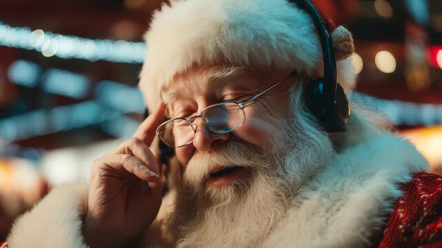 Santa touches headset during call. Claus with eyes closed working Christmas. Beard closeup, lights office. Online Santa moment. Beard, call, Christmas, Claus, computer, headset, holiday, office, Santa