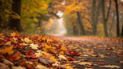 Colorful fallen leaves create a beautiful blur along a winding path in autumn