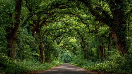 Naklejka premium Pathway through vibrant green tree tunnel