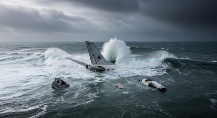 Dramatic airplane wreckage submerged in turbulent ocean waves under a stormy sky