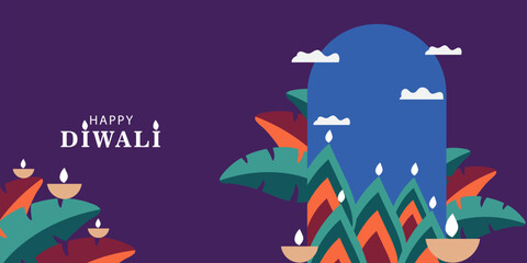Happy Diwali, festival of light. Modern geometric minimalist design. Set of happy Diwali Hindu festival Colorful banners greeting card, poster, cover, with Indian lights and leaves.