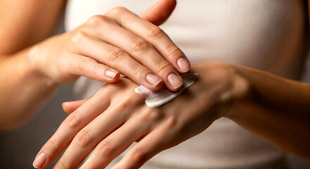 Woman applying cream to her hands for winter skin care  