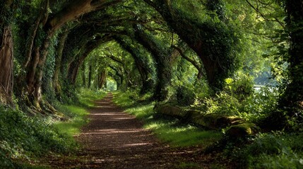 Pathway through vibrant green tree tunnel