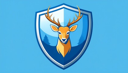 Stylized illustration of deer in shield, set on a blue gradient background