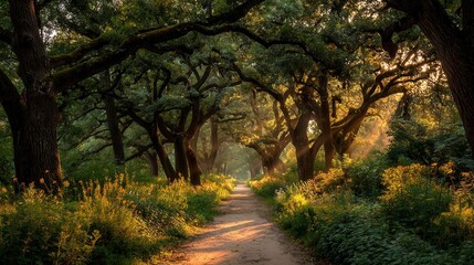Fototapeta premium Pathway through vibrant green tree tunnel