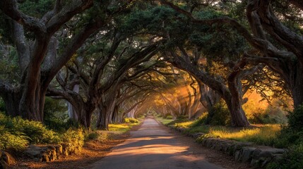 Pathway through vibrant green tree tunnel