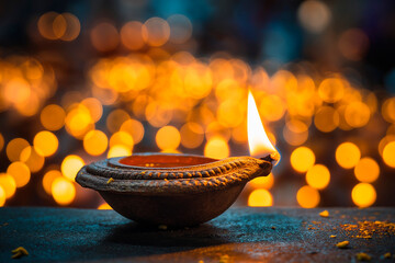 Bright clay lamp surrounded by glowing diyas on Karthika Deepam night