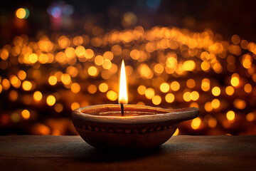 Bright clay lamp surrounded by glowing diyas on Karthika Deepam night