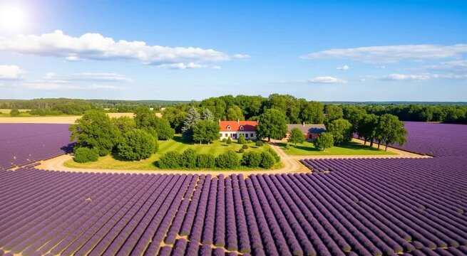 Aerial drone flight over a beautiful lavender field with a farmhouse in Provence