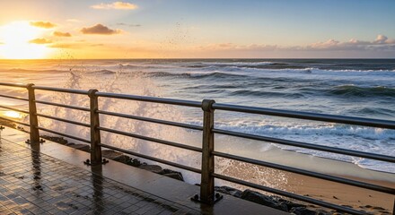 Obraz premium Steel Railing Protecting Coastal Walkway From Ocean Waves Creating Scenic Safety Barrier Near Beachside Area