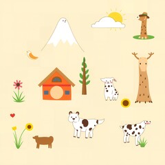 Obraz premium A whimsical collection of cartoon animals a house and nature elements on a plain background