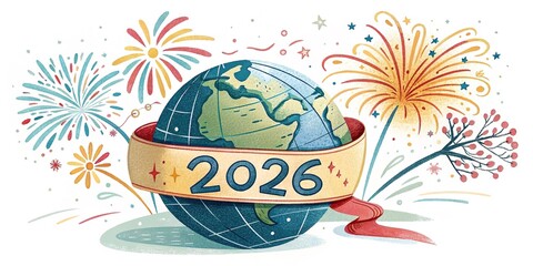 Globe wrapped in ribbon with glowing fireworks celebrating the year 2026 in a festive atmosphere
