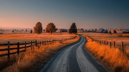 Fototapeta premium Sunset landscape with rural dirt road and trees