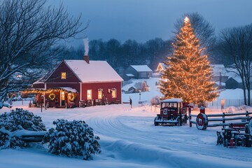 Christmas day with farmhouse display festive holiday decoration. Snow covers quaint winter village landscape, illuminated by warm lights with tree and vintage automobile. Winter scene concept.