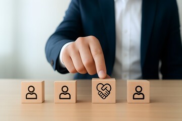 Business collaboration concept – hand selecting partnership icon among team members for strategic teamwork and human resources
