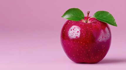 Close Up of Shiny Red Apple with Two Leaves Against a Light Purple Background with Studio Lighting and Glitter Details