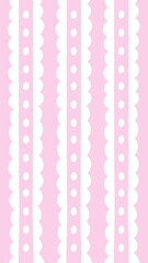 Coquette Striped Pink Vertical Background. Curly hand drawn pastel pale 1920x1080 ratio backdrop with dots and lace. Romantic Girly design. Shabby Chic style. Vector illustration