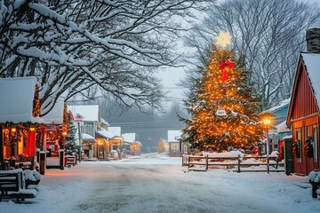Tranquil winter wonderland scene with snow covered village street adorned with festive christmas lights and decorated tree creates cozy holiday season magic.