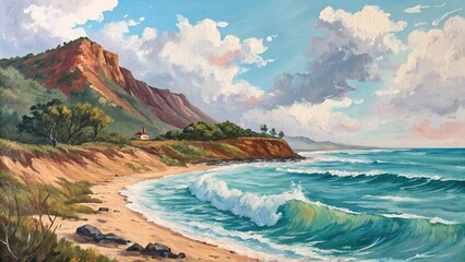Coastal waves and lush mountains in a colorful gouache painting