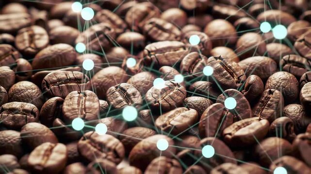 Abstract visualization of a digital network and data points overlaid on roasted coffee beans representing modern agriculture technology and supply chain traceability.