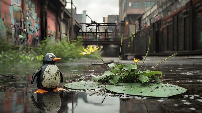 A whimsical penguin stands in a puddle, surrounded by urban decay and vibrant flowers. - Powered by Adobe