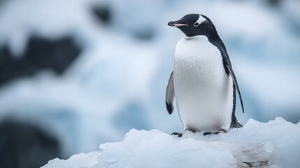 Obraz premium Gentoo penguin standing on ice, looking towards the distance.