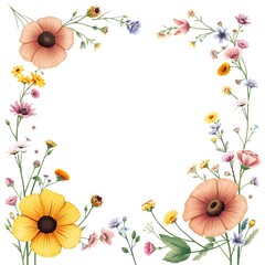 Obraz premium Watercolor floral border with large poppies and small wild flowers in pastel colors