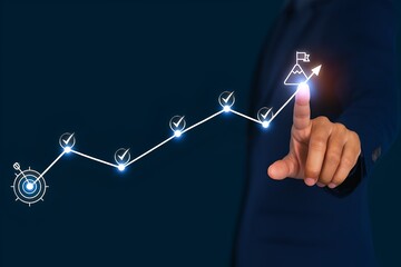 Business journey to success – glowing line graph with milestones, goal setting, and achievement concept
