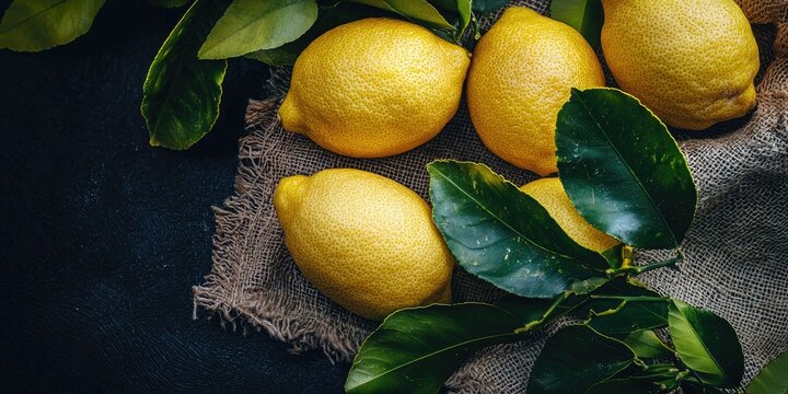 Styled produce flat lay: lemons with green leaves and rustic sackcloth, softly lit against black Stock photo