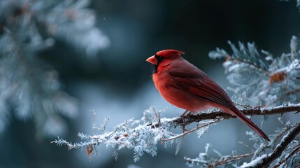 Bright cardinal perched on a snowy branch during a winter morning