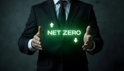 Businessman in Suit Holding Net Zero Concept with Green Arrows for Sustainability Focus