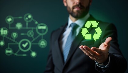 Businessman Holding Green Recycling Symbol in Front of Digital Network Graphics