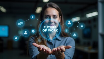Future of Work Concept with Businesswoman Holding Digital Interface in Office
