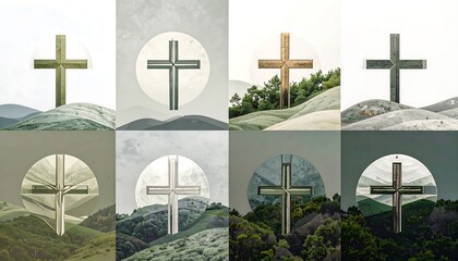 Religious crosses in various landscapes; set of eight images in a grid formation