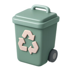 3D Render Green recycling bin with lid and wheels, ideal for waste management and environmental sustainability campaigns.
