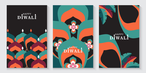 Happy Diwali, festival of light. Modern geometric minimalist design. Set of happy Diwali Hindu festival Colorful banners greeting card, poster, cover, with Indian lights and leaves.