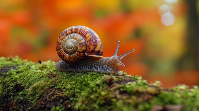A snail on moss in the forest with a blurred autumn background will emphasize themes of nature, ecology, a slow lifestyle, and harmony with the surrounding world.