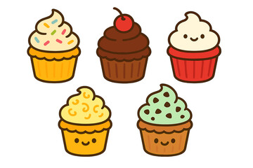 Set of five charming cartoon cupcakes featuring diverse frosting designs, colorful sprinkles, and a red cherry on top