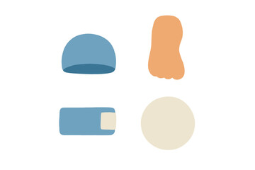 Abstract collection of everyday objects including a swimming cap, foot, bandage, and plate with soft textured appearance