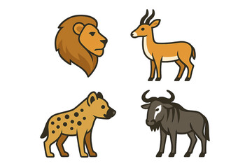 Collection of iconic African safari animals featuring a majestic lion, graceful gazelle, spotted hyena, and powerful wildebeest