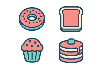 Colorful assortment of sweet breakfast and dessert foods featuring donut, toast, cupcake, and pancakes