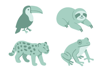 Stylized collection of diverse tropical rainforest animals featuring a toucan, sloth, leopard, and frog on a clean white background