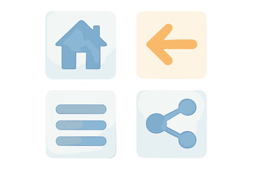 Set of essential navigation icons for digital interfaces featuring home, back, menu, and share symbols