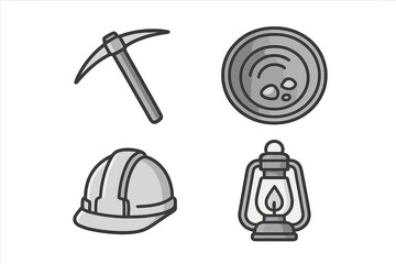 Set of essential mining industry equipment and tools featuring a pickaxe hard hat gold pan and lantern © icon_art