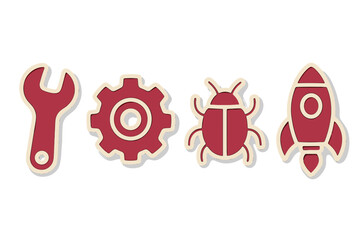 Stylized red and cream icons representing a wrench, gear, bug, and rocket on a clean white background for various technical and development concepts