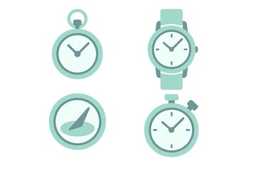 Assortment of time measurement tools: classic pocket watch, modern wristwatch, precise stopwatch, and ancient sundial