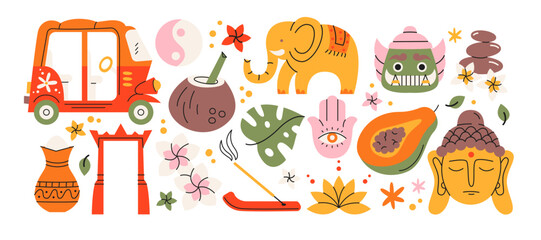 Thailand and Bali travel elements in retro cartoon style. Culture: Buddhist temple, Buddha statue, elephant. Traditions: tropical fruits, lotus flower, yoga icons. Exotic nature set for trendy  © Limpreom