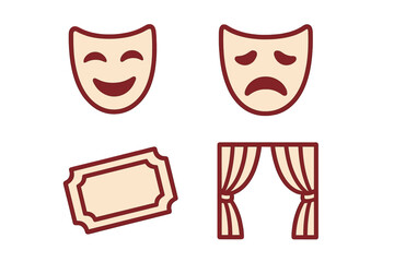 Theatrical performance elements featuring comedy and tragedy masks, a blank ticket, and a stage curtain