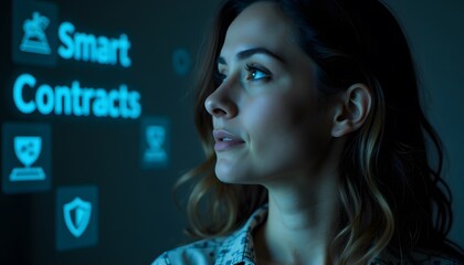 Professional Woman Contemplating Smart Contracts in a Digital Environment
