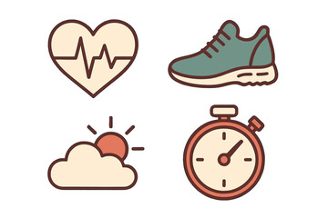 Set of essential health and fitness icons featuring heart rate monitor, athletic shoe, morning sun, and stopwatch timer